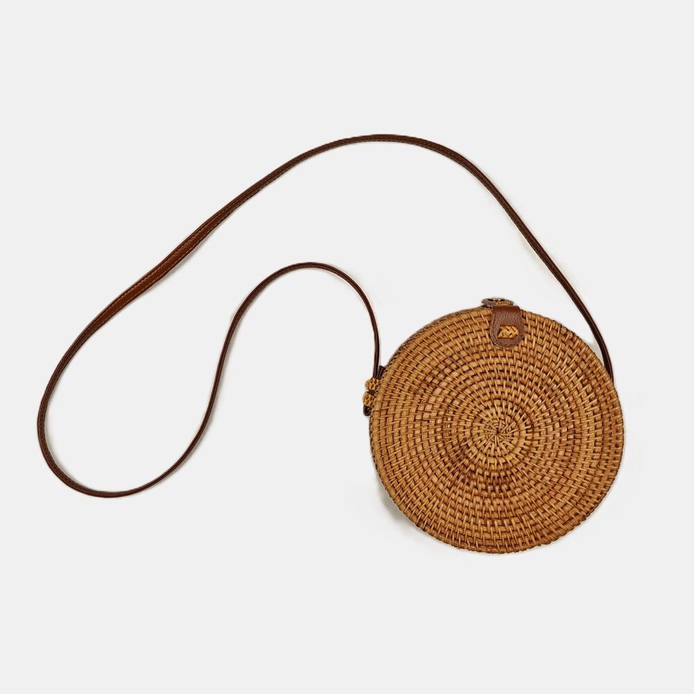 Urban Outfitters Round Rattan Straw Crossbody Bag Coastal Beachy Boho Cottage